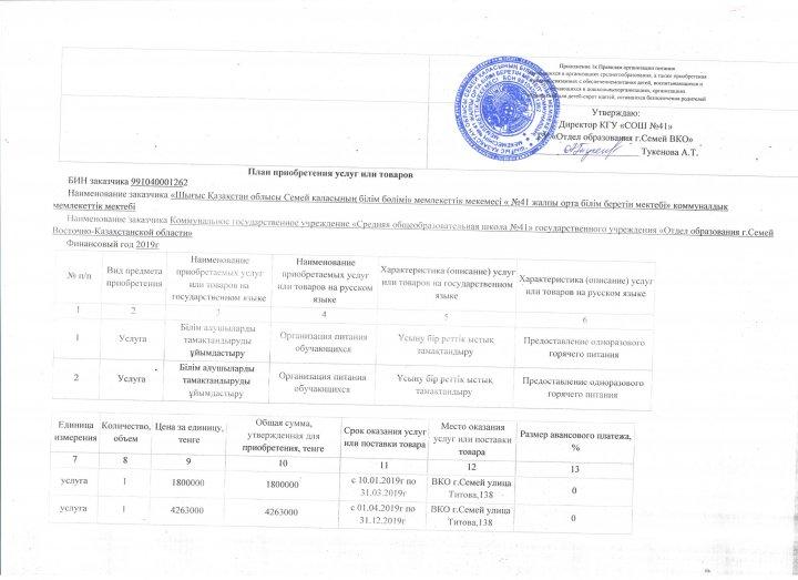 План приобретение услуг и товаров за 2019 год