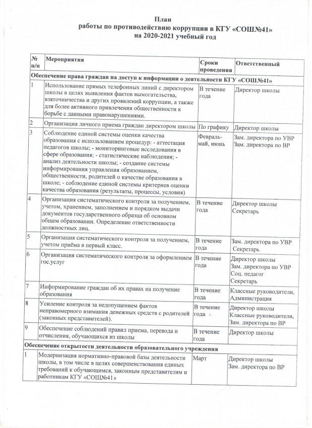 План работы по формированию антикоррупцинного мировозрения среди педагогов и учащихся на 2020-2021 учебный год