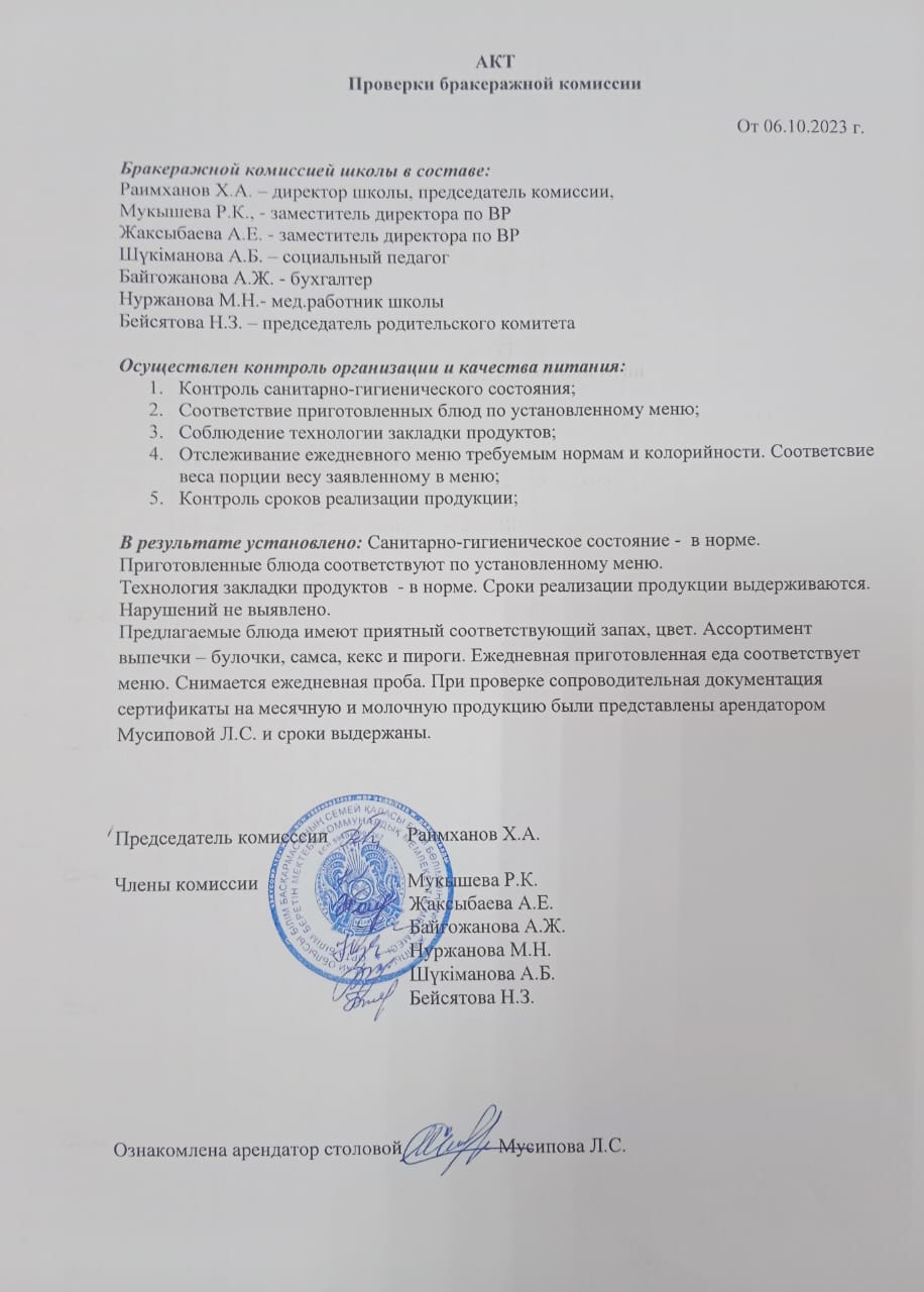 АКТ проверки бракеражной комиссии