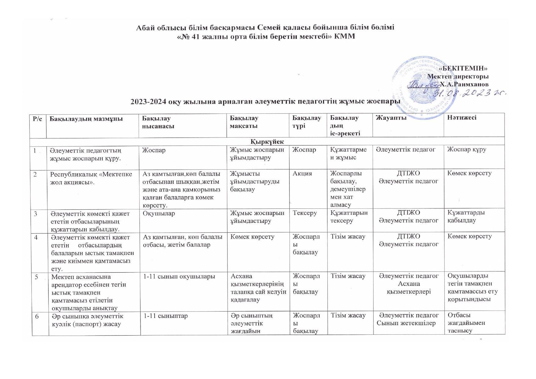 Әлеуметтік педагогтың 2023-2024 оқу жылына арналған жұмыс жоспары