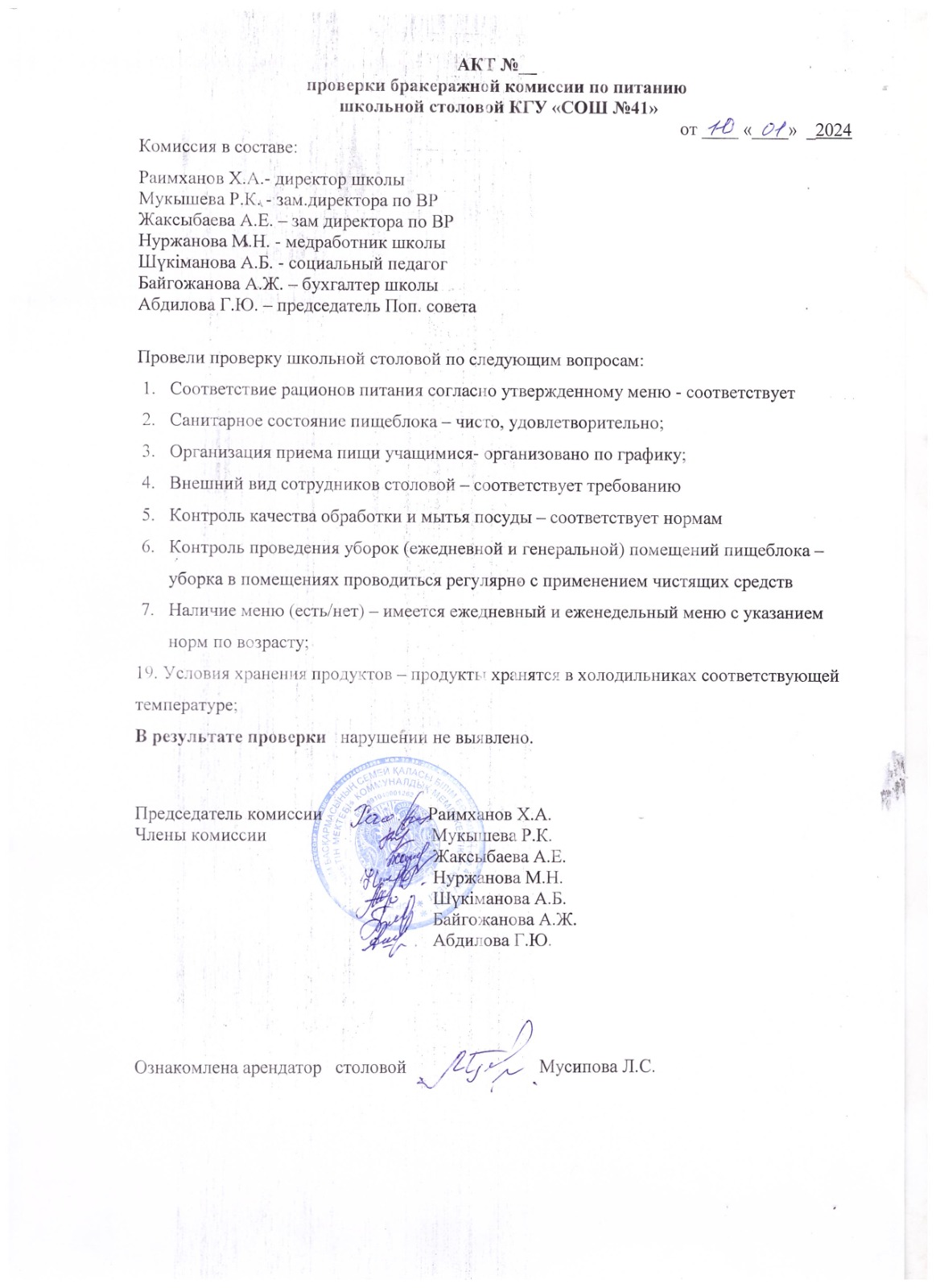 АКТ проверки бракеражной комиссии по питанию
